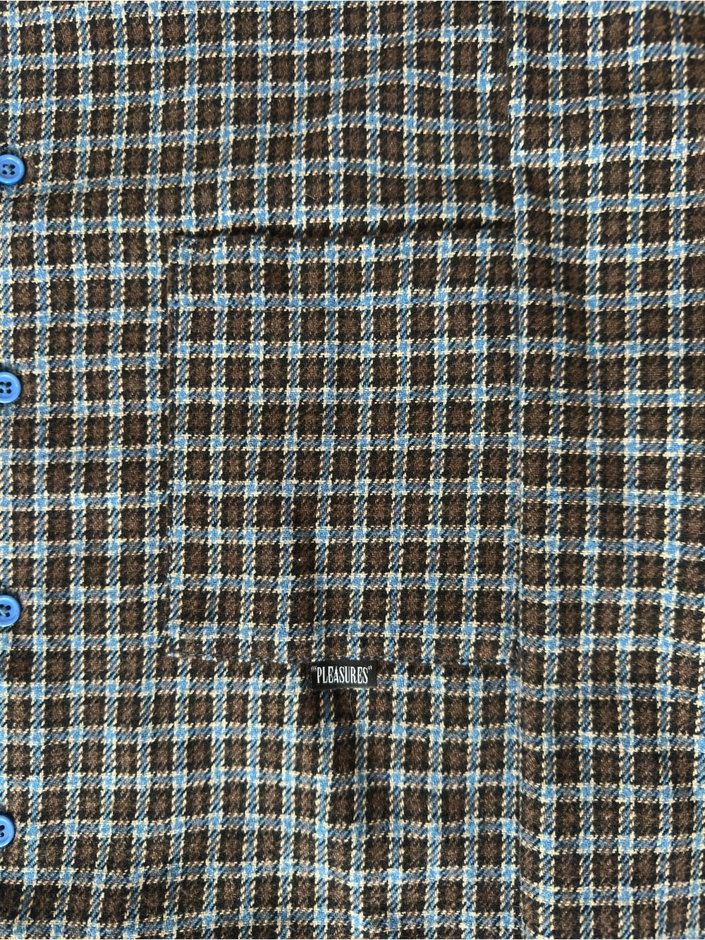 PLEASURES Men’s Blue and Brown Plaid Button-Down Shirt - Picture 3 of 4